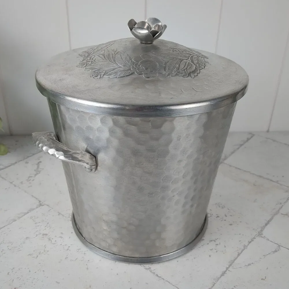 Vintage Hammered Aluminum Ice Bucket Floral Rose Midcentury Art Nouveau